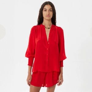 Maria Cher Julieta Red Button Front Blouse XS Balloon Sleeve Viscose Tunic Top